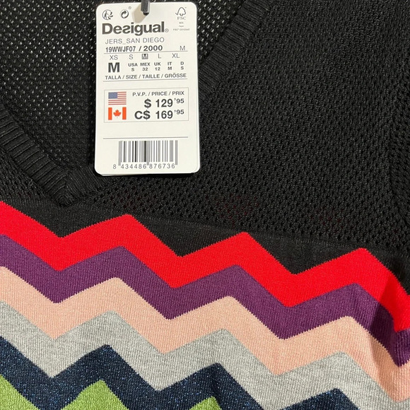 Desigual Open/Jersey Knit Viscose Blend Chevron Stripe Long Sleeve Sweater Black - Picture 3 of 4